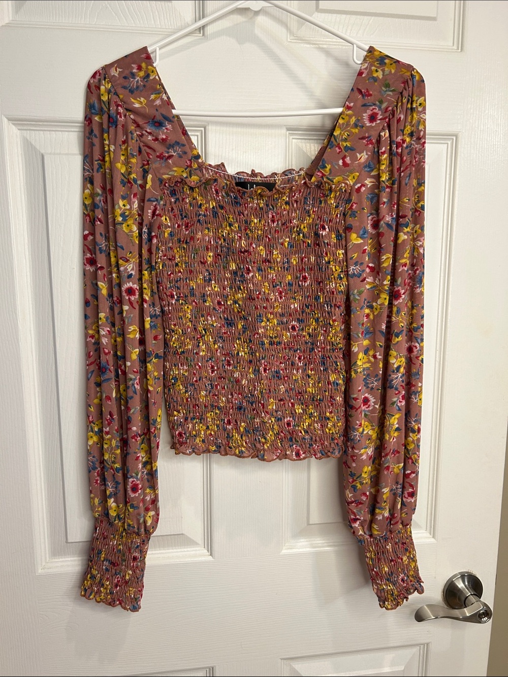 Floral Smocked Square-Neck Long-Sleeve Top - Pink